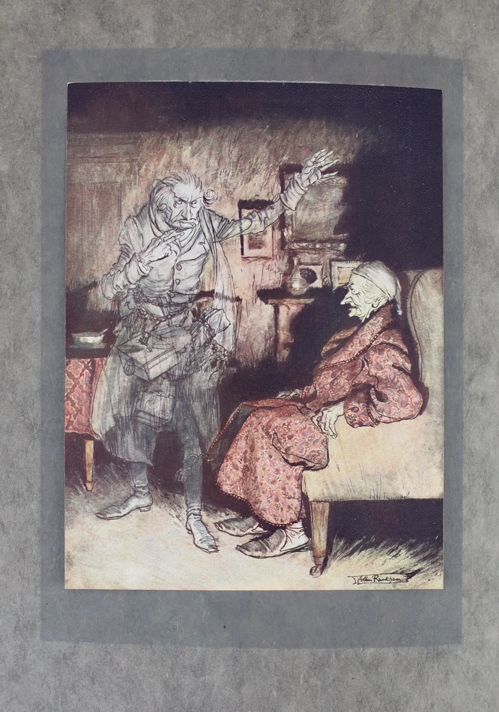 Dickens, Charles - A Christmas Carol. Limited edition (of 500 numbered copies signed by the artist, Arthur Rackham), pictorial title, 12 coloured plates (mounted and with captioned guards) and b/w. text illus. (some full